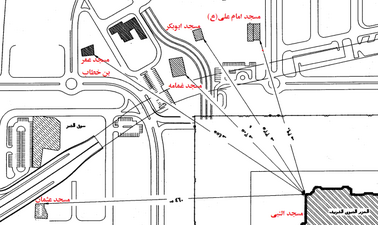 The image above shows the distance between the Prayer Ground Mosques and one of the corners of the current Prophet's Mosque building.